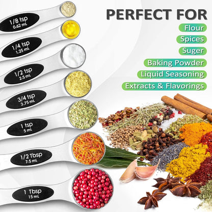 8-Piece Magnetic Stainless Steel Measuring Spoon Set — Dual-Sided, Stackable, Fits in Spice Jars | For Dry & Liquid Ingredients