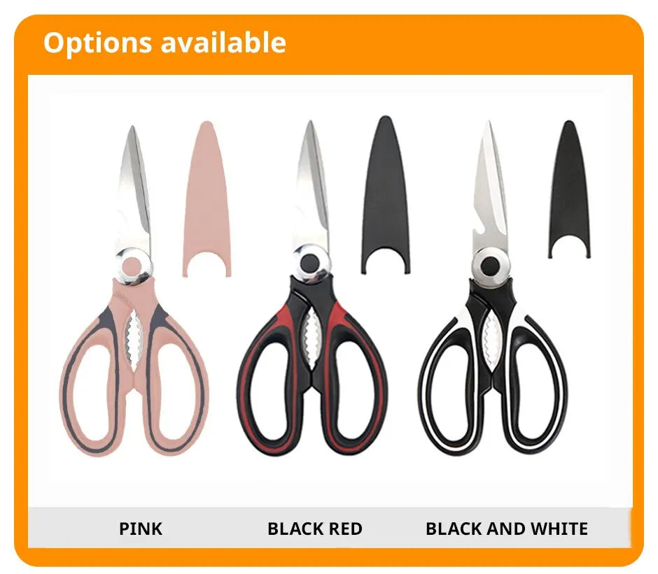 Stainless Steel Multifunctional Kitchen Scissors – Heavy-Duty Chicken Bone Shears with Bottle Opener, Nutcracker & Protective Cover