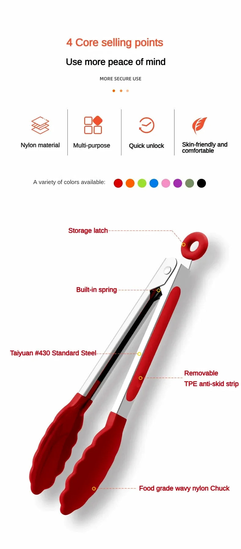 Anti-Slip Stainless Steel Cooking & Serving Tongs – Heat-Resistant Silicone Food Clip for Kitchen & BBQ