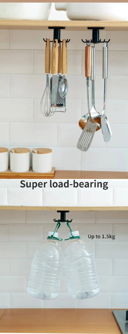 2PCS Kitchen Hook Organizer – Wall-Mounted Hanger & Dish Lid Rack for Cups, Utensils & Bathroom Storage (6 Hooks, PP/ABS)