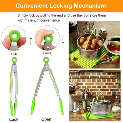 Anti-Slip Stainless Steel Cooking & Serving Tongs – Heat-Resistant Silicone Food Clip for Kitchen & BBQ