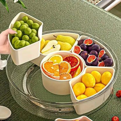 Rotatable Divided Snack & Fruit Tray with Lid – Modern Handheld Food Storage Display Box for Home & Living Room
