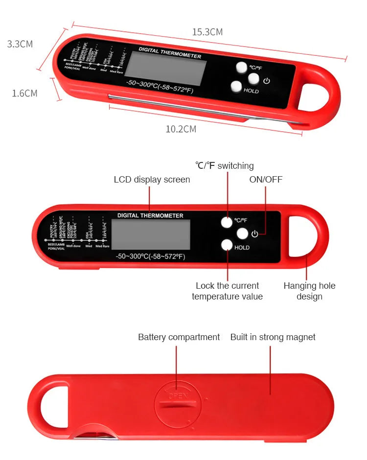 Digital Folding Meat Thermometer – Instant Read Kitchen Probe for BBQ, Oven, Water, Oil & Liquids