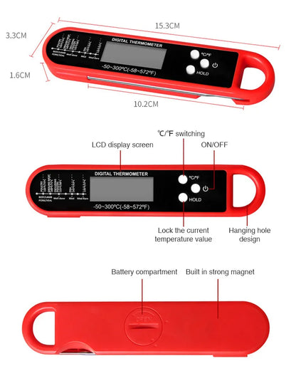 Digital Folding Meat Thermometer – Instant Read Kitchen Probe for BBQ, Oven, Water, Oil & Liquids