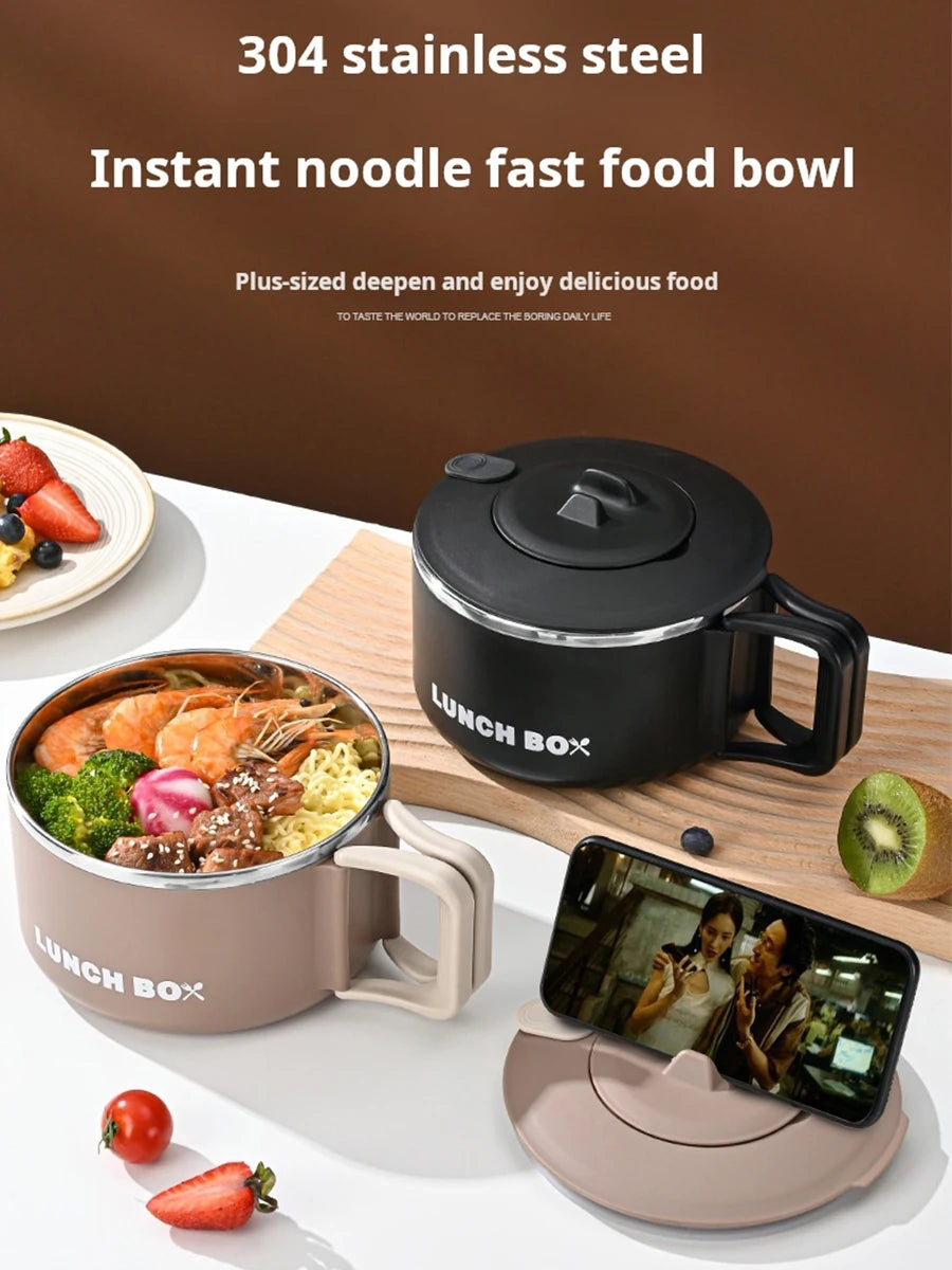 304 Stainless Steel Microwaveable Noodle Bowl – Lightweight Lunch Box with Drainable Lid & Handle