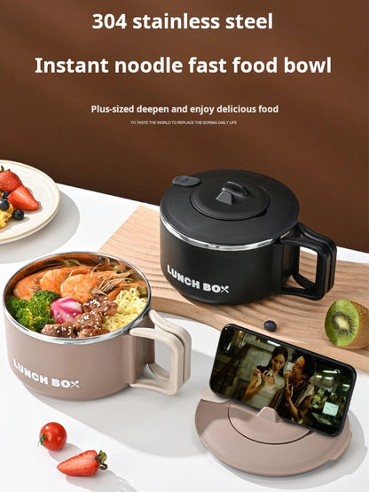 304 Stainless Steel Microwaveable Noodle Bowl – Lightweight Lunch Box with Drainable Lid & Handle
