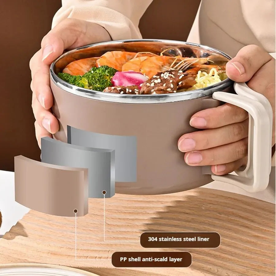 304 Stainless Steel Microwaveable Noodle Bowl – Lightweight Lunch Box with Drainable Lid & Handle