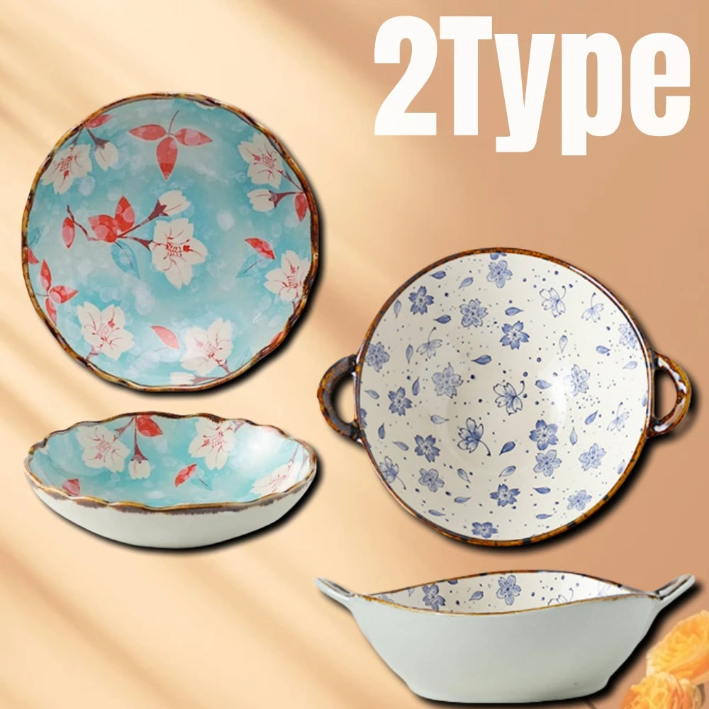 Hand-Painted Japanese Style Ceramic Noodle Bowl with Handle – Oven & Microwave Safe Bone China Tableware
