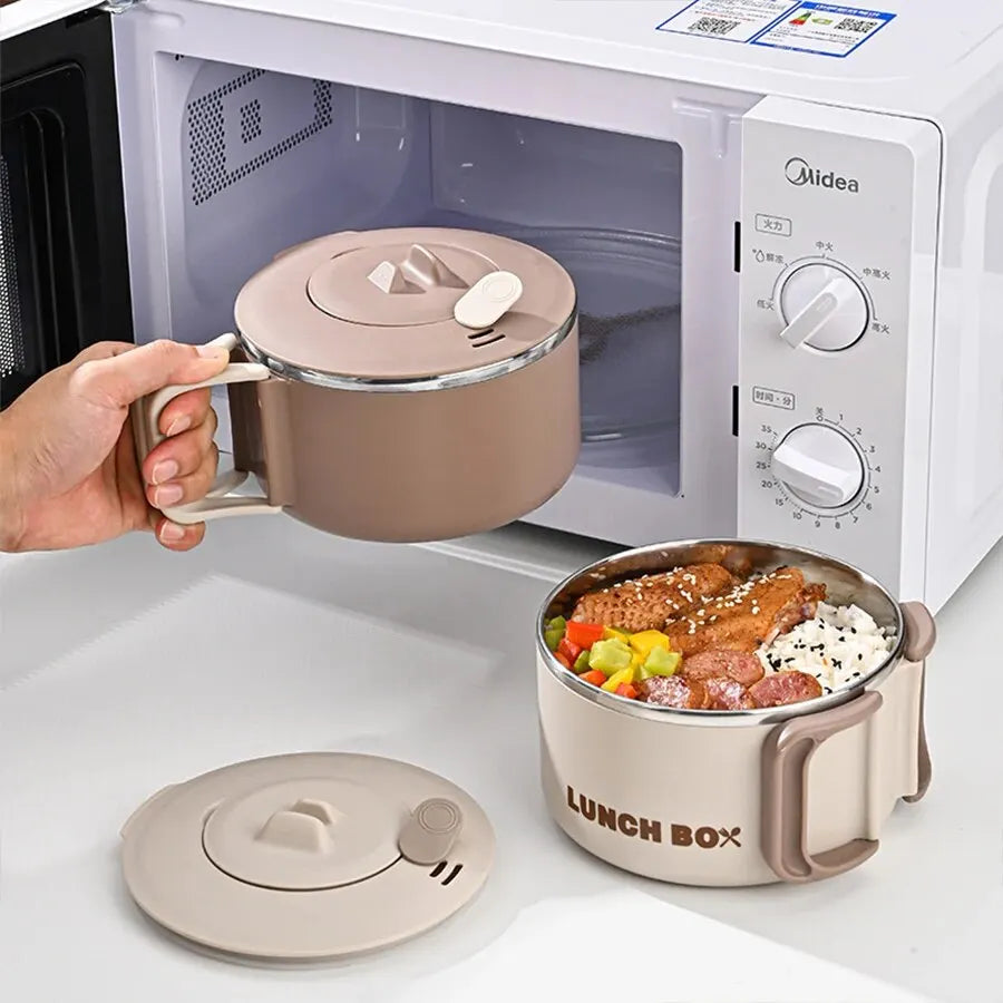 304 Stainless Steel Microwaveable Noodle Bowl – Lightweight Lunch Box with Drainable Lid & Handle