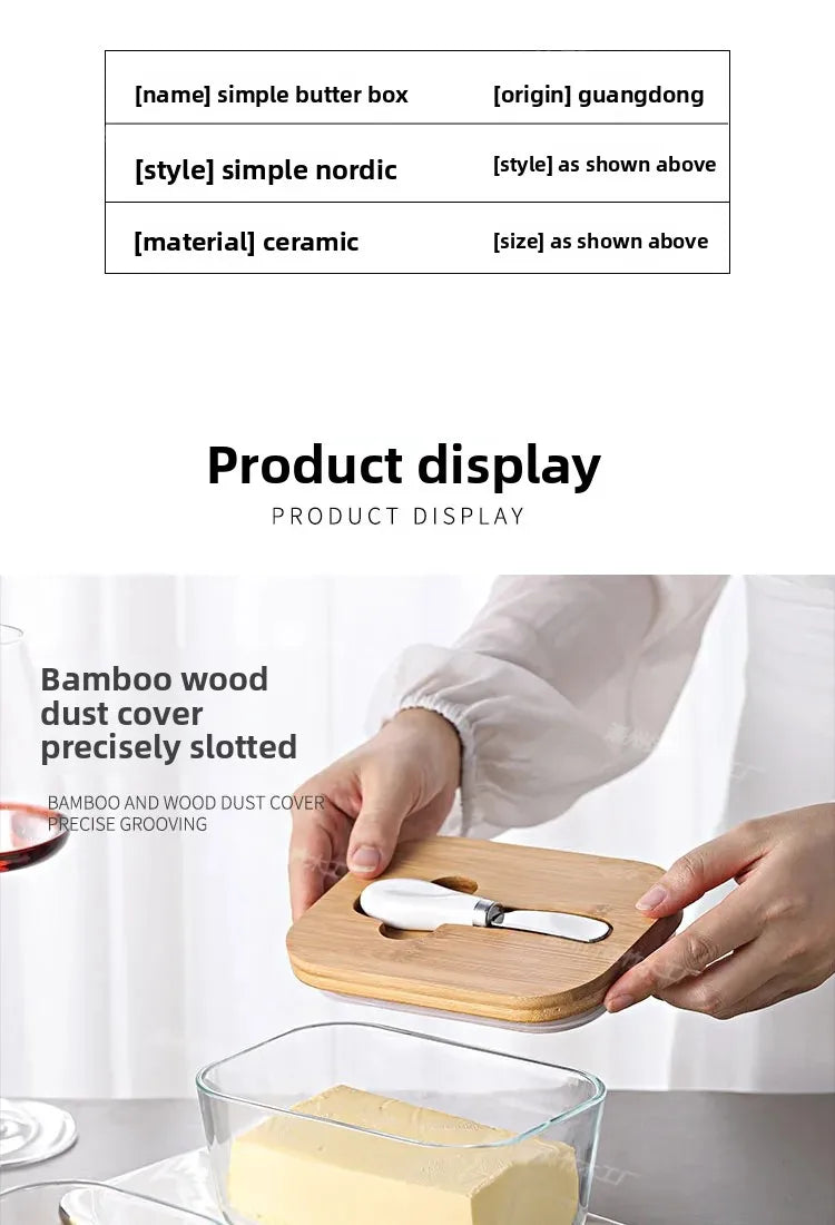 Transparent Glass Butter Dish with Bamboo Lid And Knife Ceramic Sealed Jar Cheese Preservation Refrigerator Simple Design
