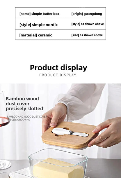 Transparent Glass Butter Dish with Bamboo Lid And Knife Ceramic Sealed Jar Cheese Preservation Refrigerator Simple Design