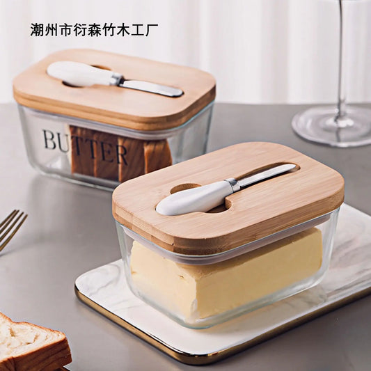 Transparent Glass Butter Dish with Bamboo Lid And Knife Ceramic Sealed Jar Cheese Preservation Refrigerator Simple Design