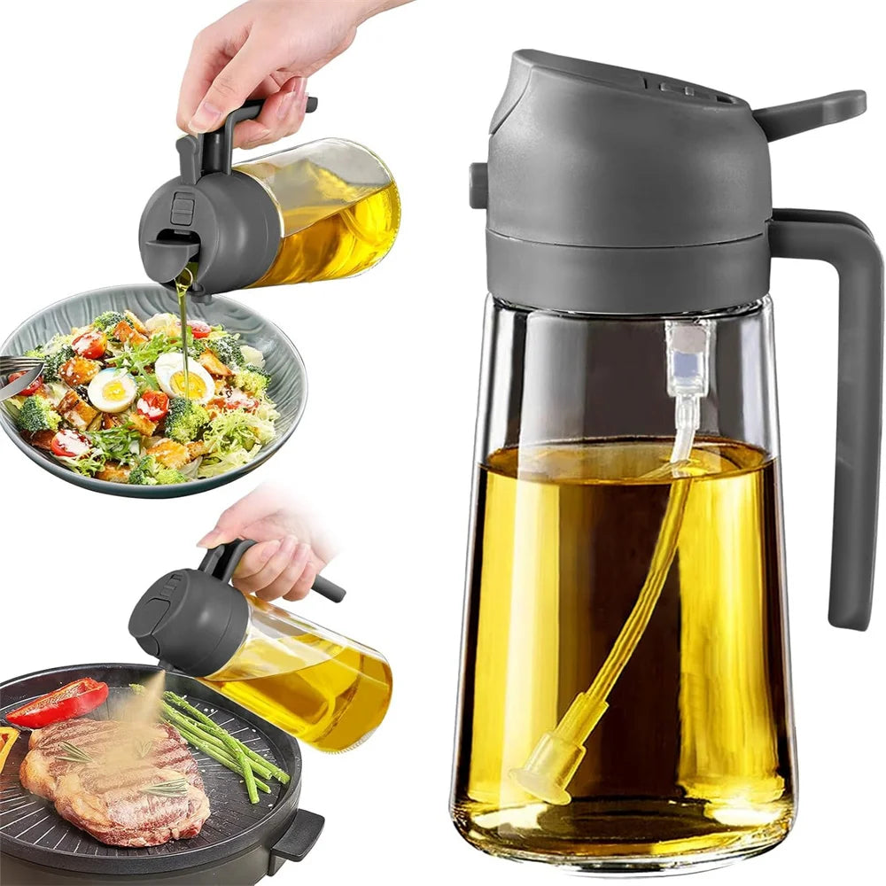 16oz/470ML Glass Oil Dispenser with Automatic Flip Lid — 2-in-1 Kitchen Bottle & Cooking Sprayer