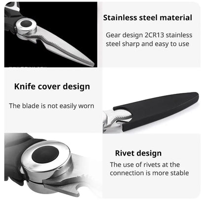Stainless Steel Multifunctional Kitchen Scissors – Heavy-Duty Chicken Bone Shears with Bottle Opener, Nutcracker & Protective Cover