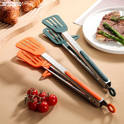 9-Inch Stainless Steel & Silicone Food Clip With Support Bracket – High-Temp, Anti-Scald Kitchen & BBQ Tongs