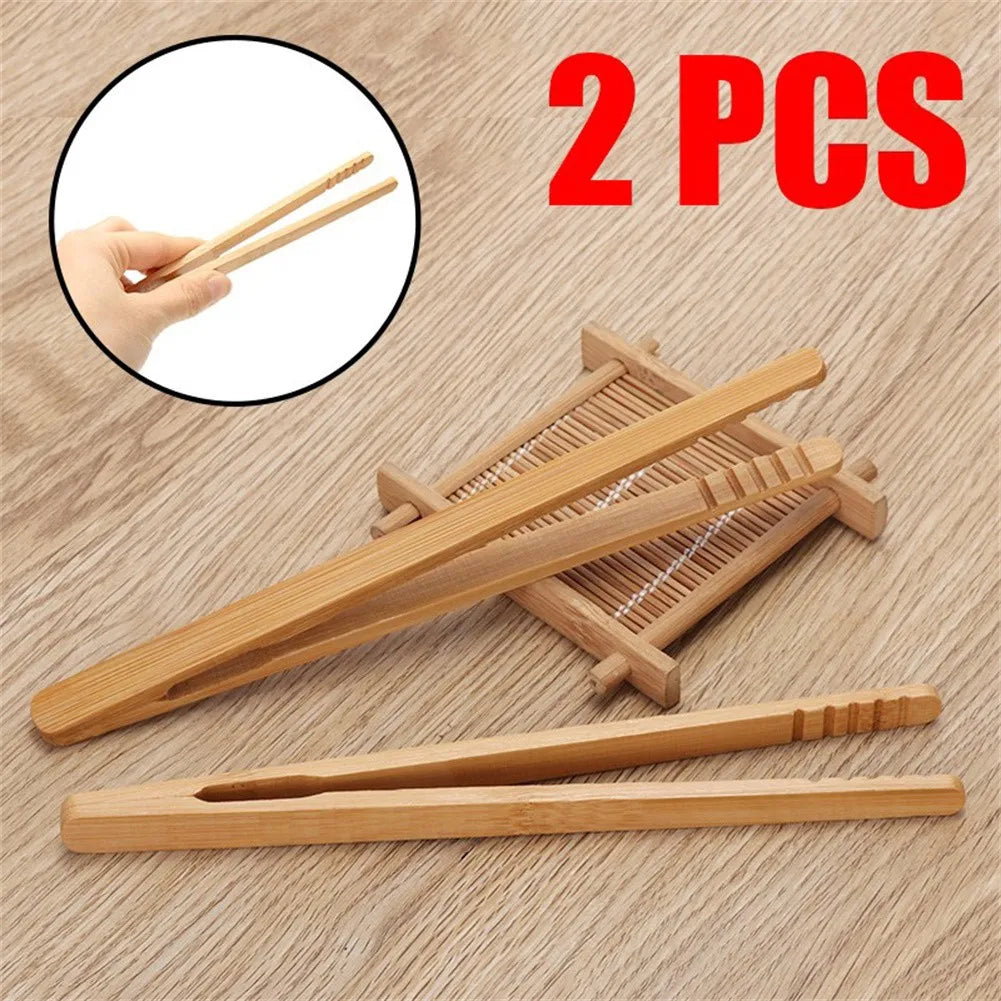 2-Piece 18cm Natural Bamboo Kitchen Tongs – Heat-Resistant Toast, Salad & Teaware Clips