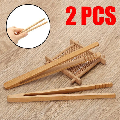2-Piece 18cm Natural Bamboo Kitchen Tongs – Heat-Resistant Toast, Salad & Teaware Clips