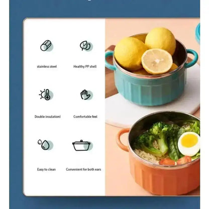 Double-Ear Stainless Steel Insulated Lunch Bowl – Portable Covered Noodle Pot for Students & Office Workers