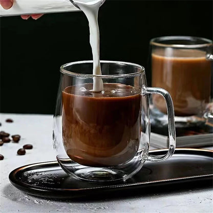 Double Wall Glass Coffee Cup With Handle – 150–350ml Heat-Resistant Borosilicate Mug for Hot & Cold Drinks