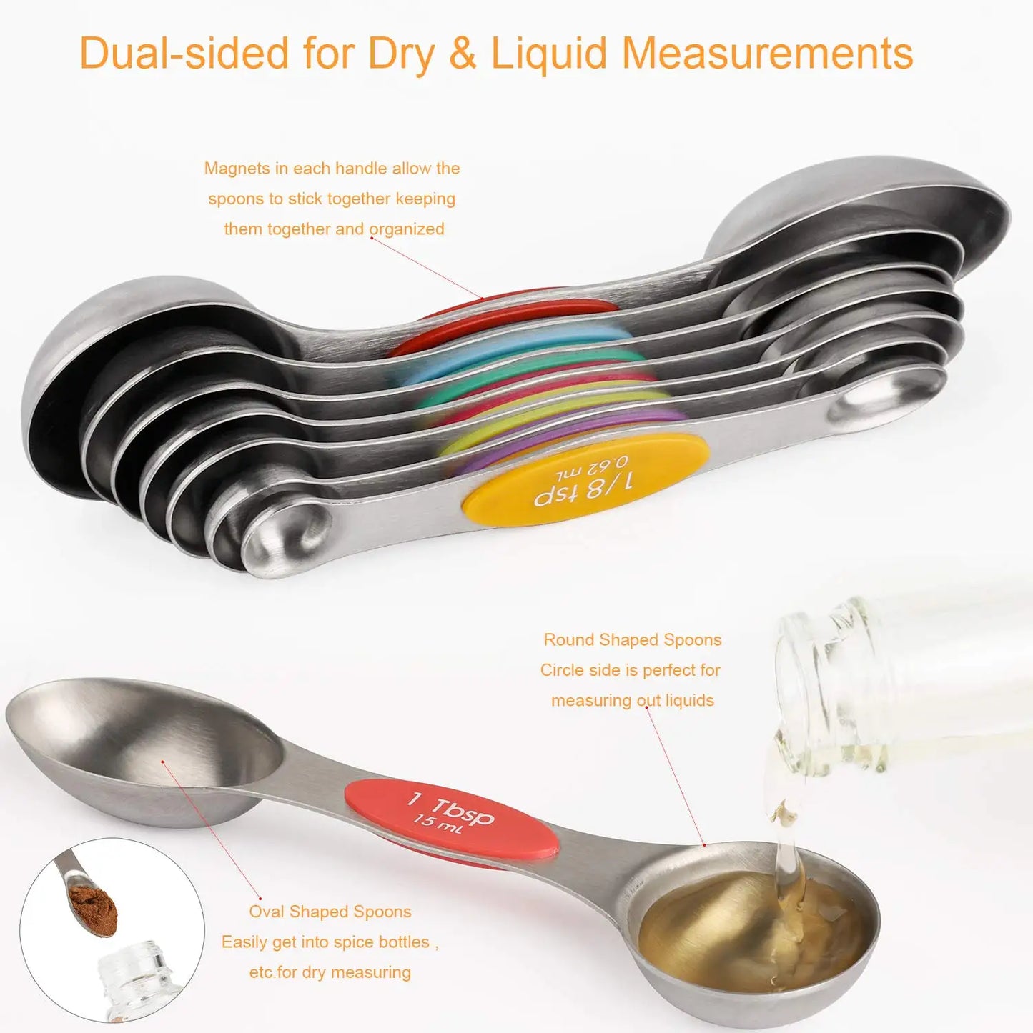 Magnetic Measuring Spoons Set of 8 Stainless Steel Stackable Dual Sided Nesting Teaspoons and Tablespoons for Measuring Dry and Liquid Ingredients