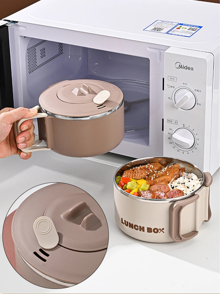 304 Stainless Steel Microwaveable Noodle Bowl – Lightweight Lunch Box with Drainable Lid & Handle