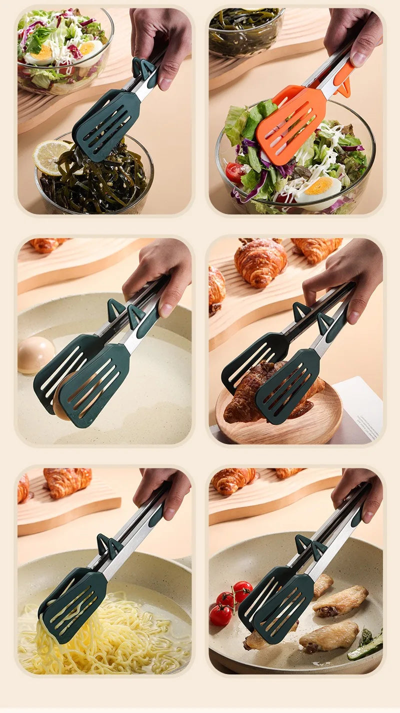 9-Inch Stainless Steel & Silicone Food Clip With Support Bracket – High-Temp, Anti-Scald Kitchen & BBQ Tongs