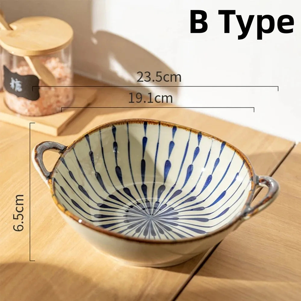 Hand-Painted Japanese Style Ceramic Noodle Bowl with Handle – Oven & Microwave Safe Bone China Tableware