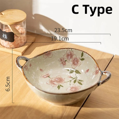 Hand-Painted Japanese Style Ceramic Noodle Bowl with Handle – Oven & Microwave Safe Bone China Tableware