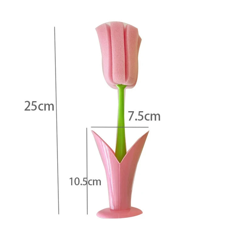 Tulip Cup Brush – 2-in-1 Cup & Glass Cleaner with Suction Base for Bottles, Tea Cups, Grooves & Sink Cleaning