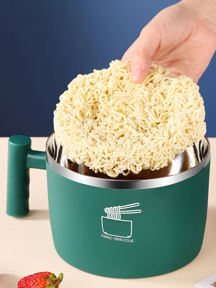 Stainless Steel Instant Noodle Bowl with Lid – 1000ml Portable Heat-Insulated Noodle & Soup Container with Side Handle