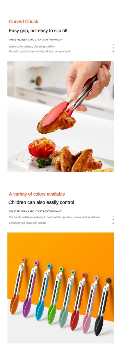 Anti-Slip Stainless Steel Cooking & Serving Tongs – Heat-Resistant Silicone Food Clip for Kitchen & BBQ