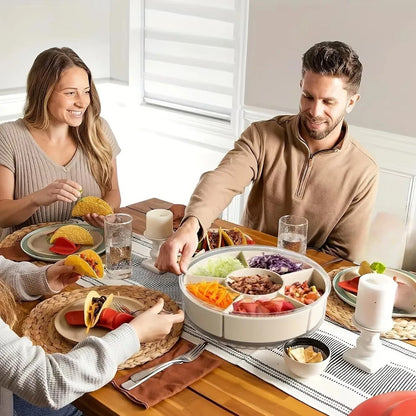 Rotatable Divided Snack & Fruit Tray with Lid – Modern Handheld Food Storage Display Box for Home & Living Room