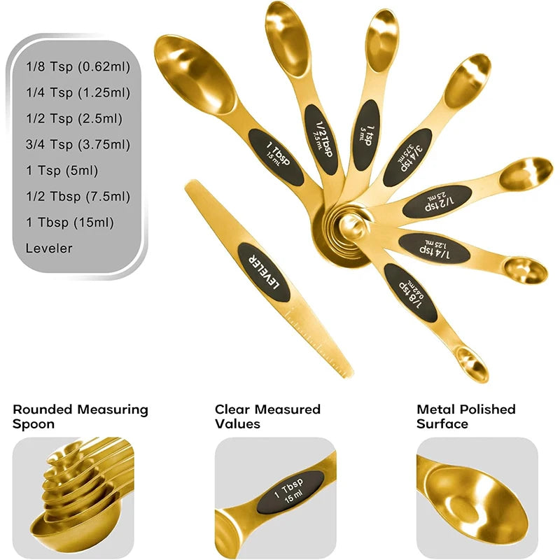 Magnetic Stainless Steel Gold Measuring Spoons Set – Dual-Sided, Stackable, 8-Piece Precision Spoon Set for Cooking & Baking