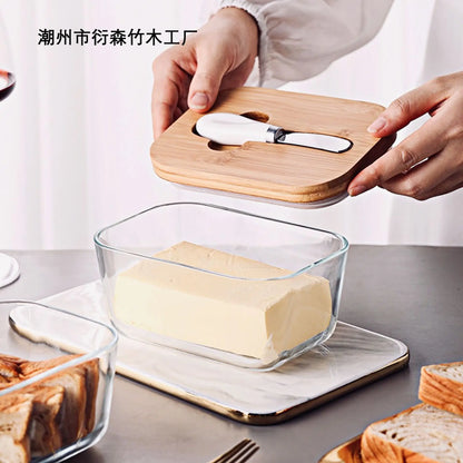 Transparent Glass Butter Dish with Bamboo Lid And Knife Ceramic Sealed Jar Cheese Preservation Refrigerator Simple Design