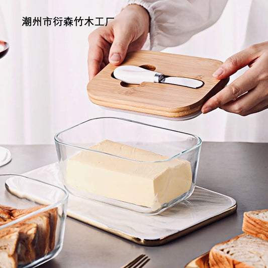 Transparent Glass Butter Dish with Bamboo Lid And Knife Ceramic Sealed Jar Cheese Preservation Refrigerator Simple Design