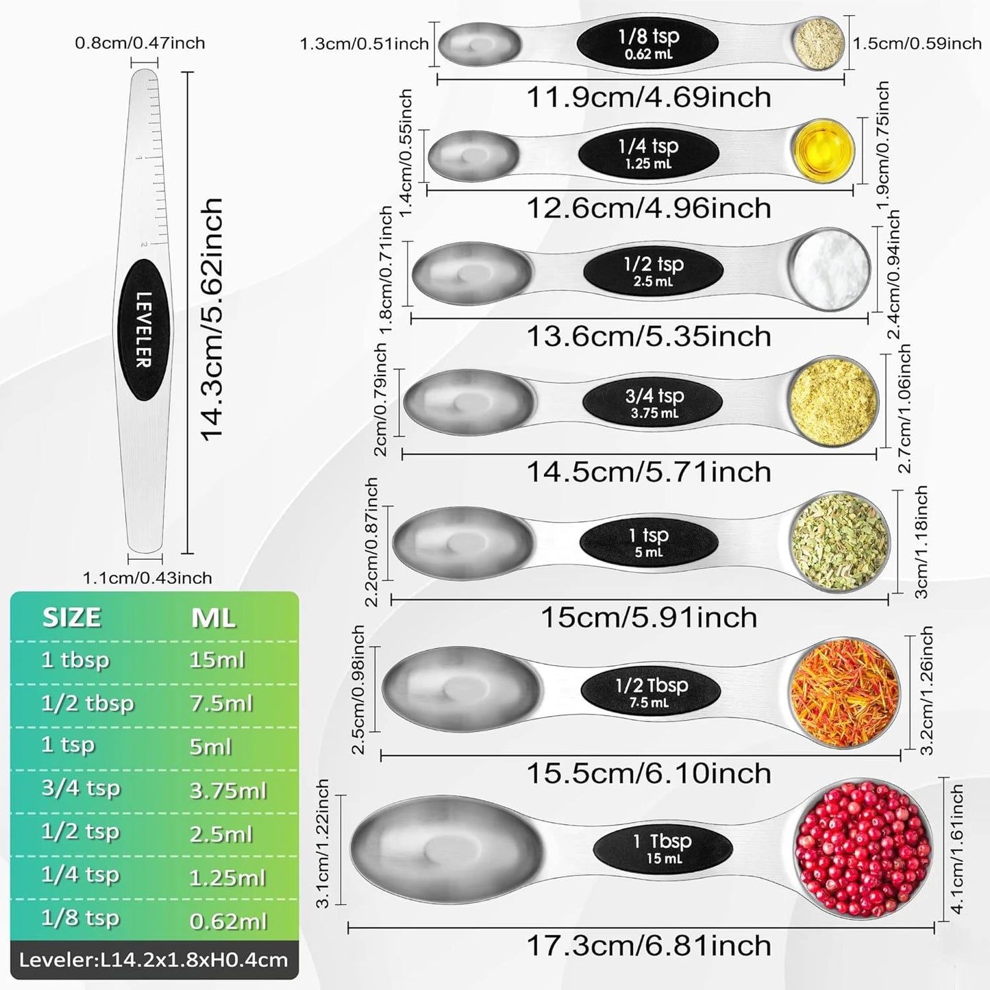 8-Piece Magnetic Stainless Steel Measuring Spoon Set — Dual-Sided, Stackable, Fits in Spice Jars | For Dry & Liquid Ingredients