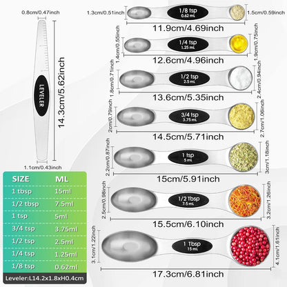 8-Piece Magnetic Stainless Steel Measuring Spoon Set — Dual-Sided, Stackable, Fits in Spice Jars | For Dry & Liquid Ingredients