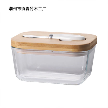 Transparent Glass Butter Dish with Bamboo Lid And Knife Ceramic Sealed Jar Cheese Preservation Refrigerator Simple Design