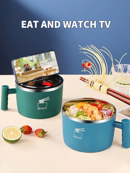 Stainless Steel Instant Noodle Bowl with Lid – Portable, Sealed & Drainable Food Container