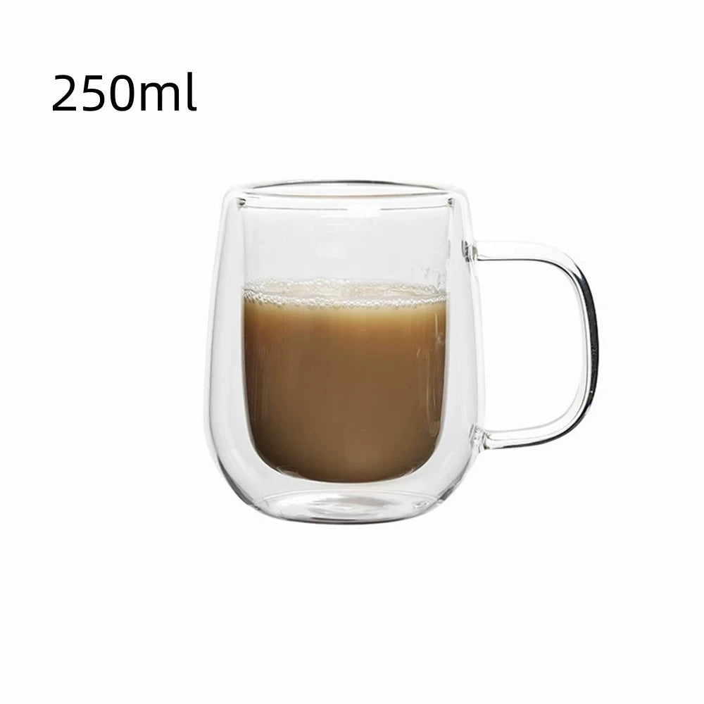Double Wall Glass Coffee Cup With Handle – 150–350ml Heat-Resistant Borosilicate Mug for Hot & Cold Drinks