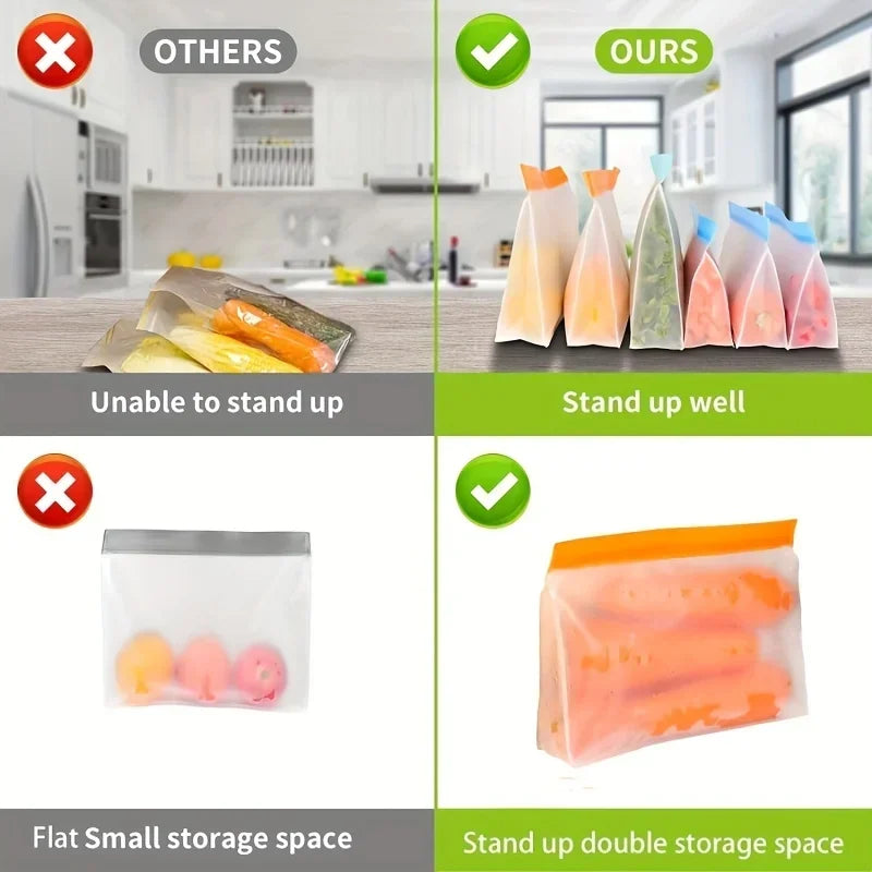 Reusable Silicone & PEVA Stand-Up Food Storage Bag – Leakproof, Freezer-Safe, Eco-Friendly Ziplock Fresh Bag