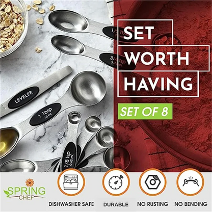 Stainless Steel Magnetic Measuring Spoons Set Heavy Duty Metal Kitchen Gadgets for Baking & Cooking, Fits in Most Kitchen Spice