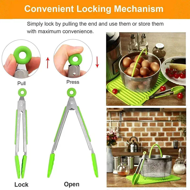 Anti-Slip Stainless Steel Cooking & Serving Tongs – Heat-Resistant Silicone Food Clip for Kitchen & BBQ