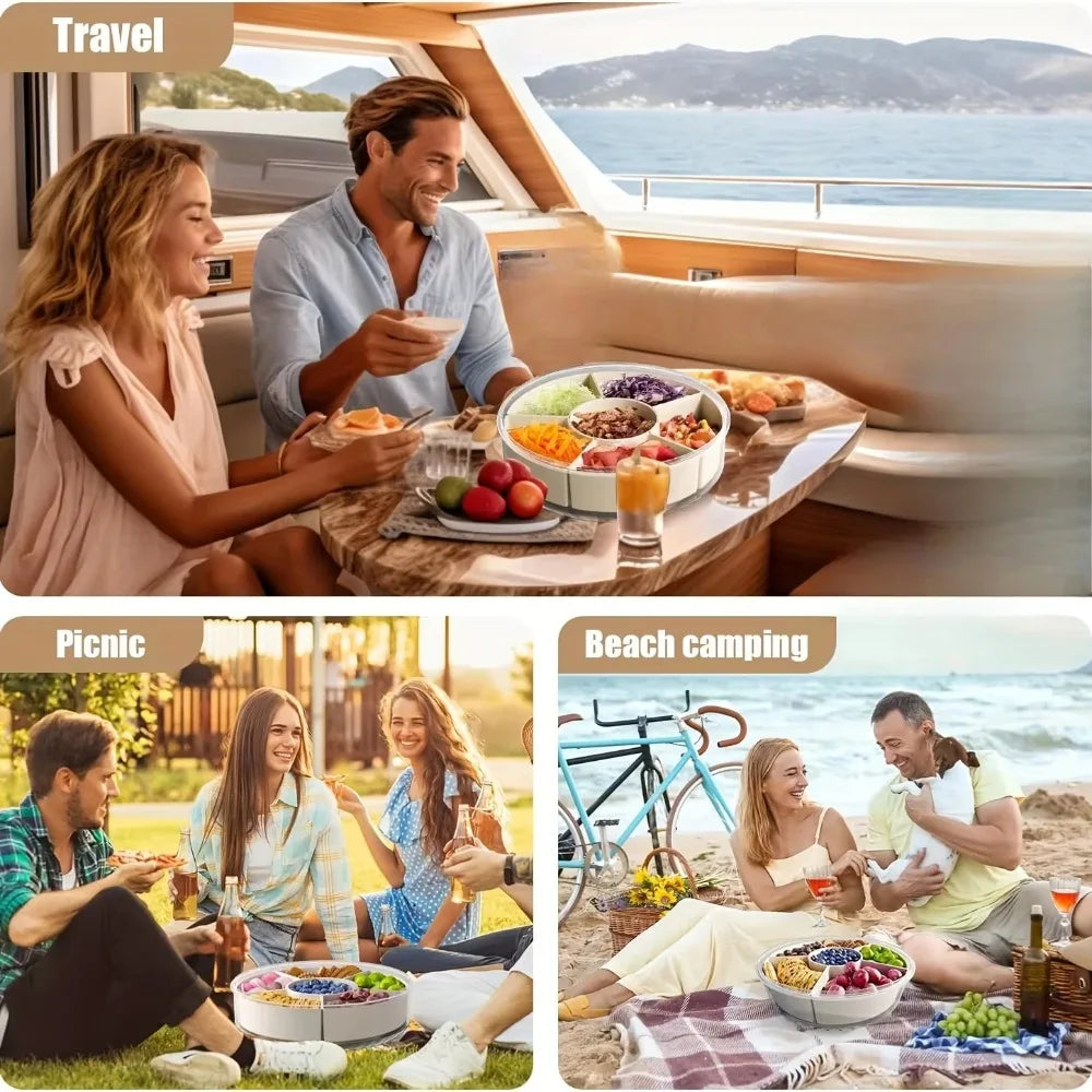 Rotatable Divided Snack & Fruit Tray with Lid – Modern Handheld Food Storage Display Box for Home & Living Room