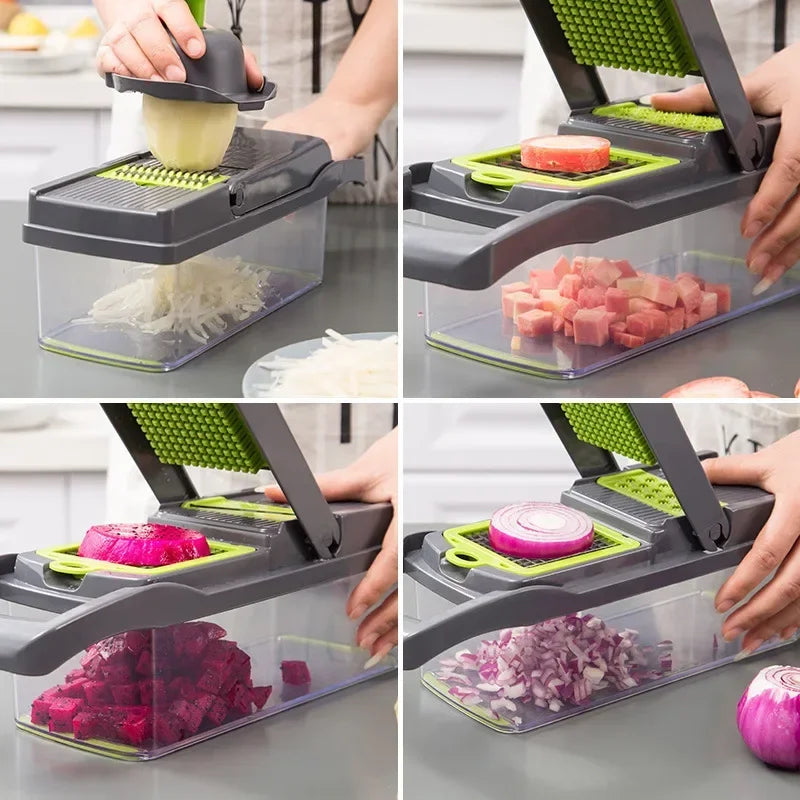 14/16-in-1 Multifunction Vegetable Cutter, Chopper &amp; Dicer – Complete Food Prep System with Storage Container
