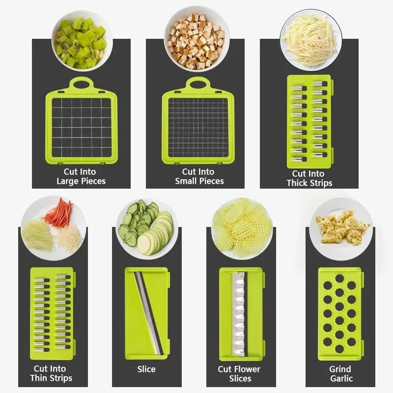14/16-in-1 Multifunction Vegetable Cutter, Chopper &amp; Dicer – Complete Food Prep System with Storage Container