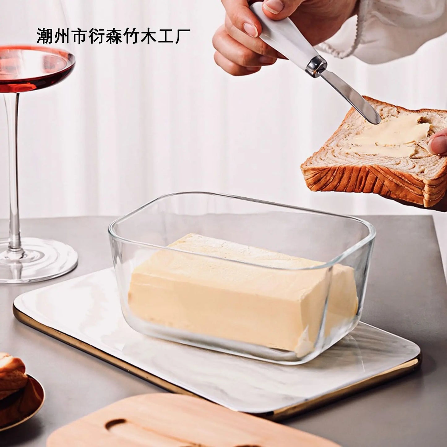 Transparent Glass Butter Dish with Bamboo Lid And Knife Ceramic Sealed Jar Cheese Preservation Refrigerator Simple Design
