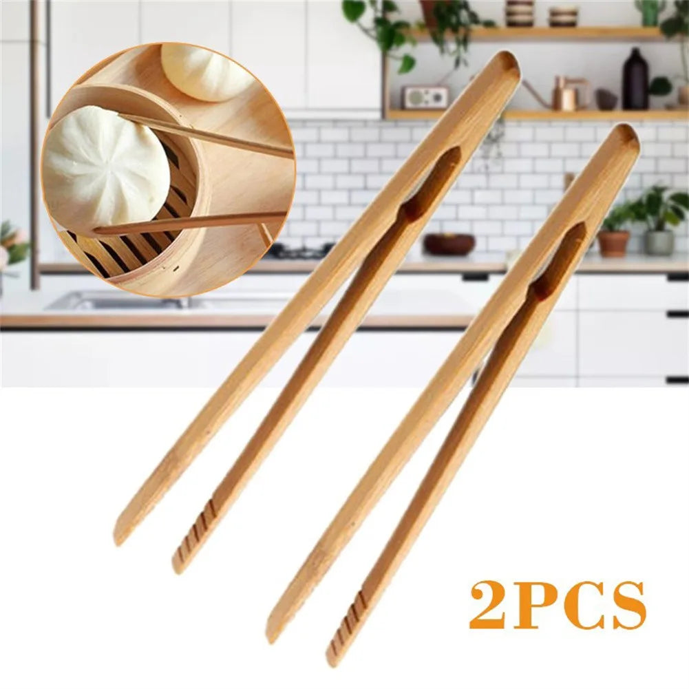 2-Piece 18cm Natural Bamboo Kitchen Tongs – Heat-Resistant Toast, Salad & Teaware Clips