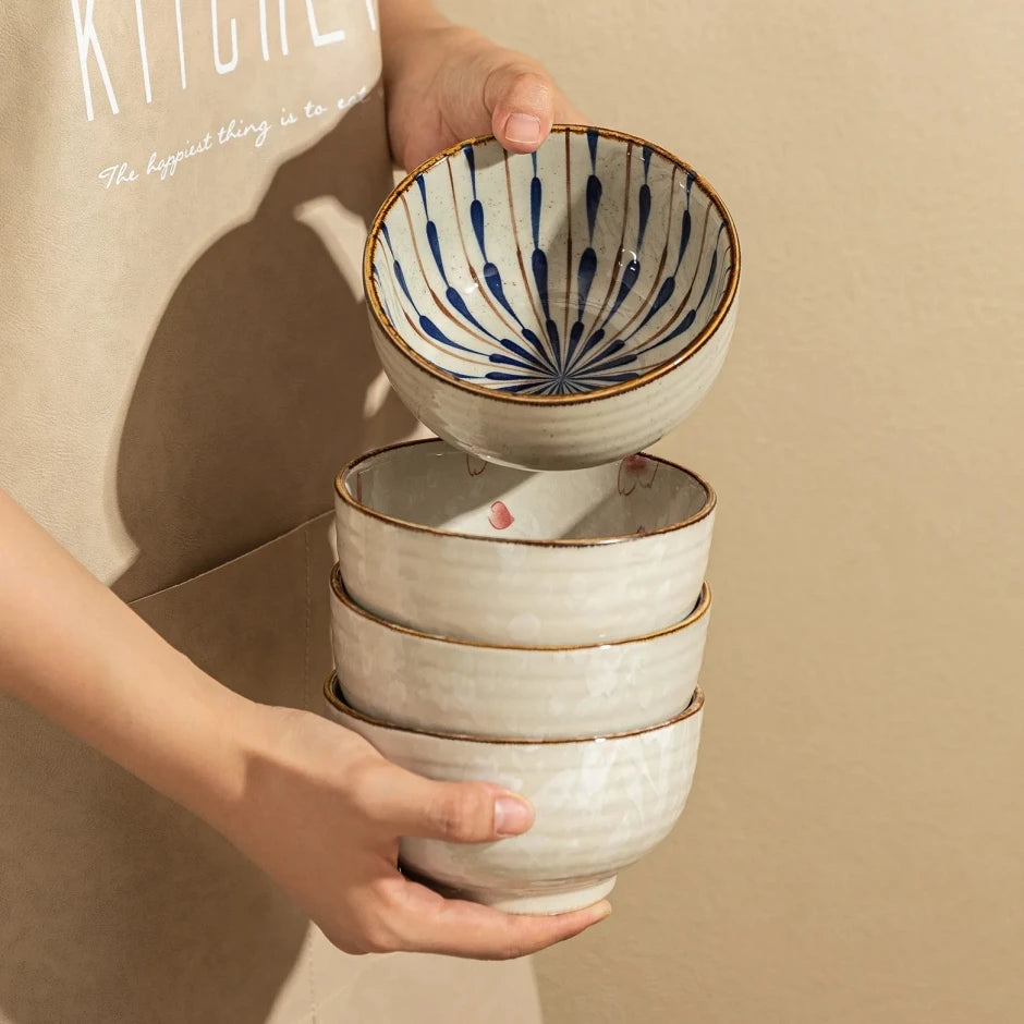 Hand-Painted Japanese Style Ceramic Noodle Bowl with Handle – Oven & Microwave Safe Bone China Tableware
