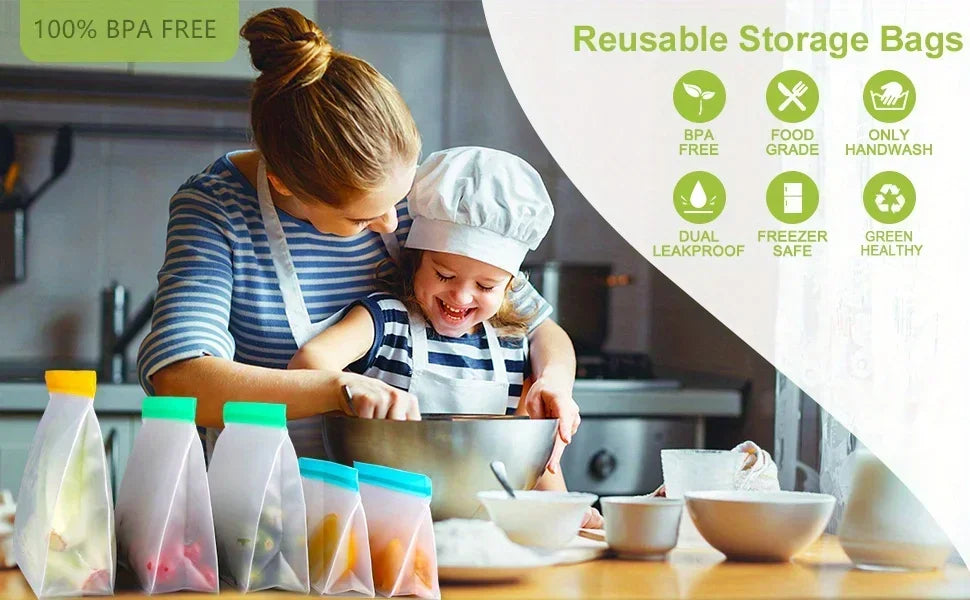 Reusable Silicone & PEVA Stand-Up Food Storage Bag – Leakproof, Freezer-Safe, Eco-Friendly Ziplock Fresh Bag